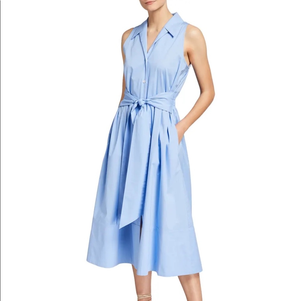 NWT Natori cotton sky blue collared belted sleeveless midi dress
